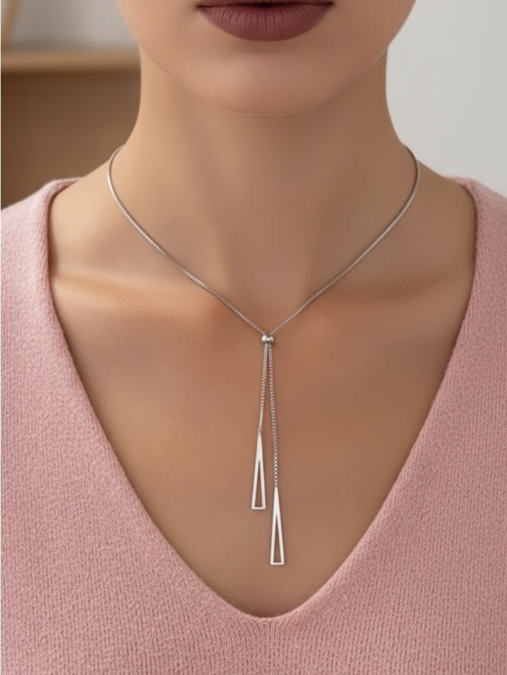 Adjustable White Gold Plated Triangle charm Y lariat necklace. New.